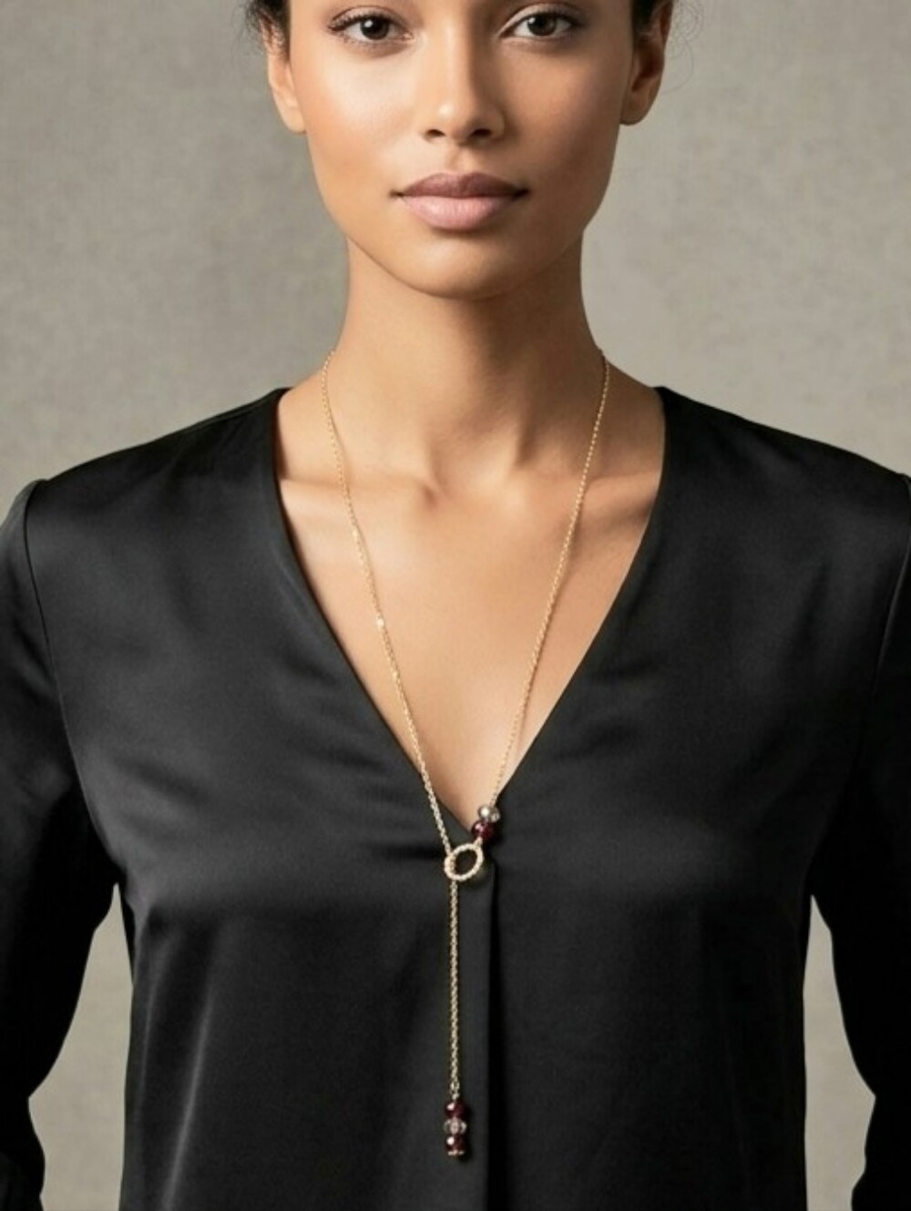 Handcrafted Gold Tone Steel Lariat Necklace with Red And Iridescent Glass Beads